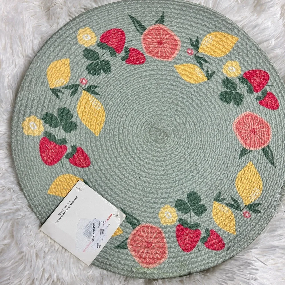 4 pc Braided Placemat Set Rnd‎ STRAWBERRY Lemon and grapefruit Green White New